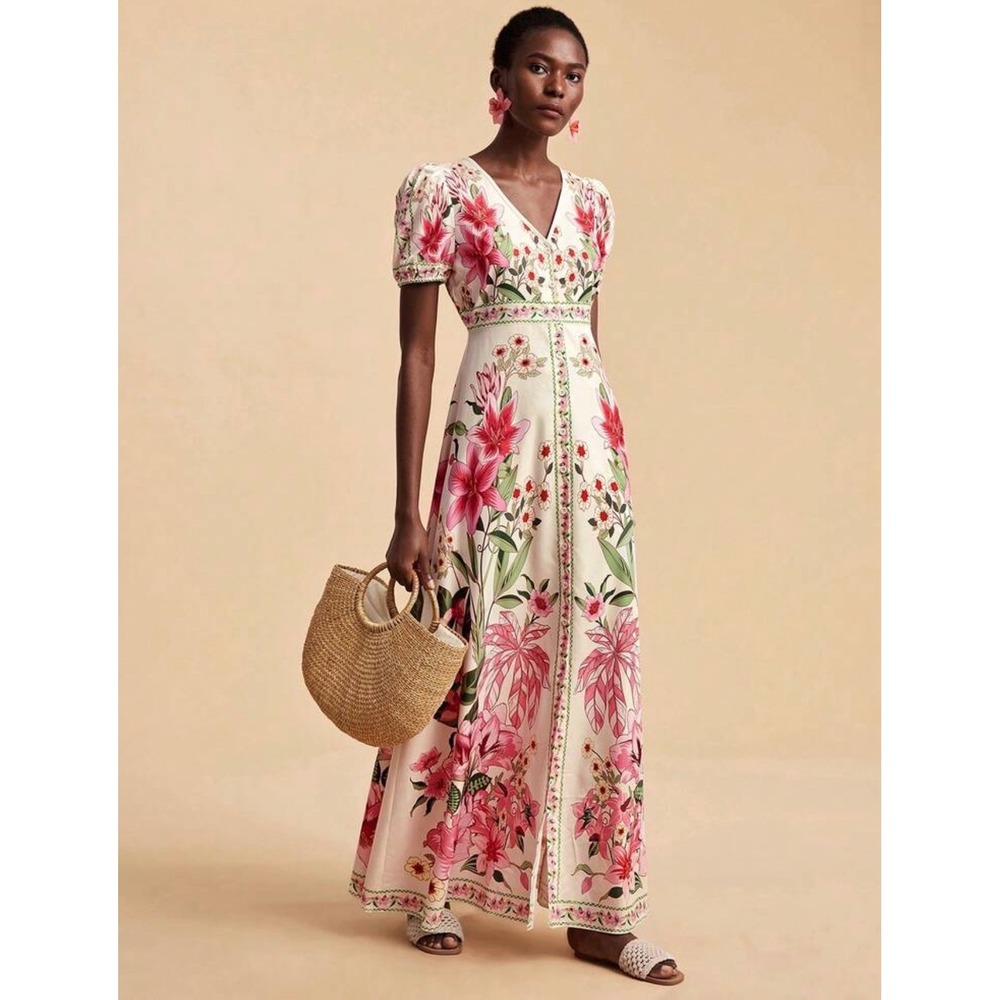Tropical Floral Button Front Maxi Dress Cream Pink Green Large New